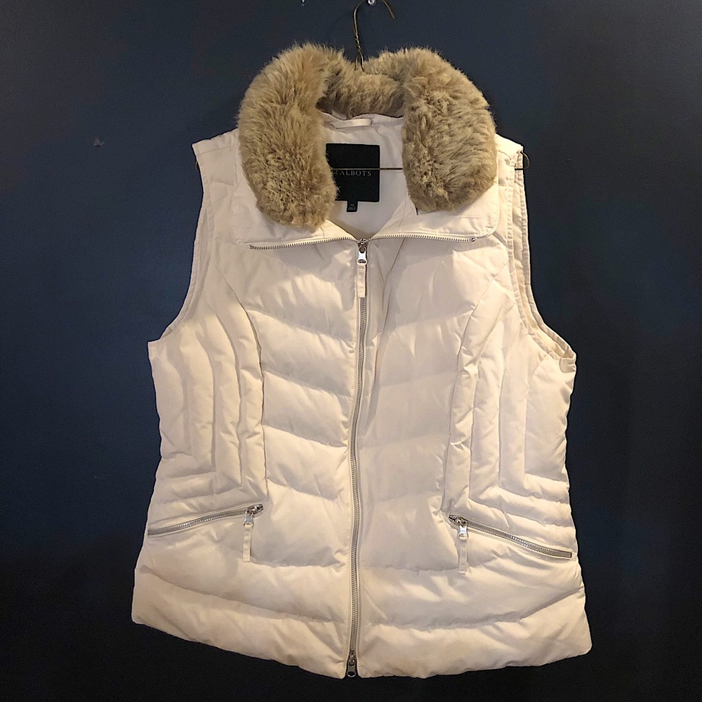 Talbots off white Down Vest with faux fur collar